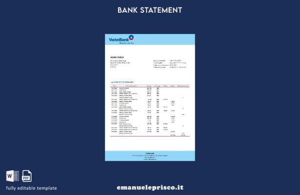 modello word di estratto conto Vietnam Vietinbank in stile verificato